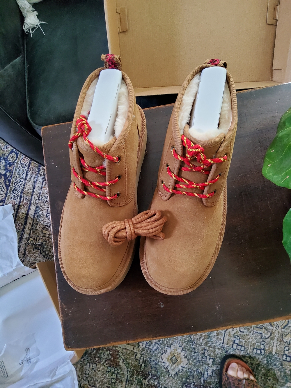 UGG Chestnut Suede Ankle Booties with Red Lace Accents